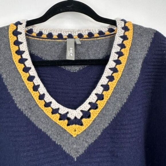 Shae NY Women's Cashmere Wool Crochet Trim Knit Pullover Sweater Navy Medium - Picture 3 of 9